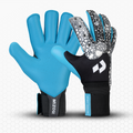 Pair of blue and black goalkeeper gloves with a visible brand logo on a white background