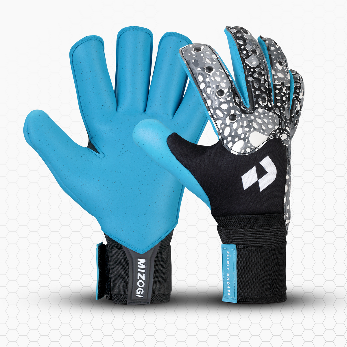 Pair of blue and black goalkeeper gloves with a visible brand logo on a white background