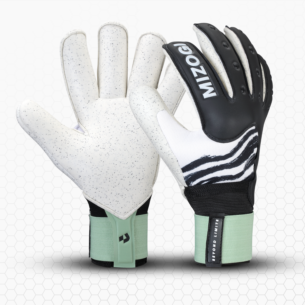 Pair of Mizogi goalkeeper gloves on a white background