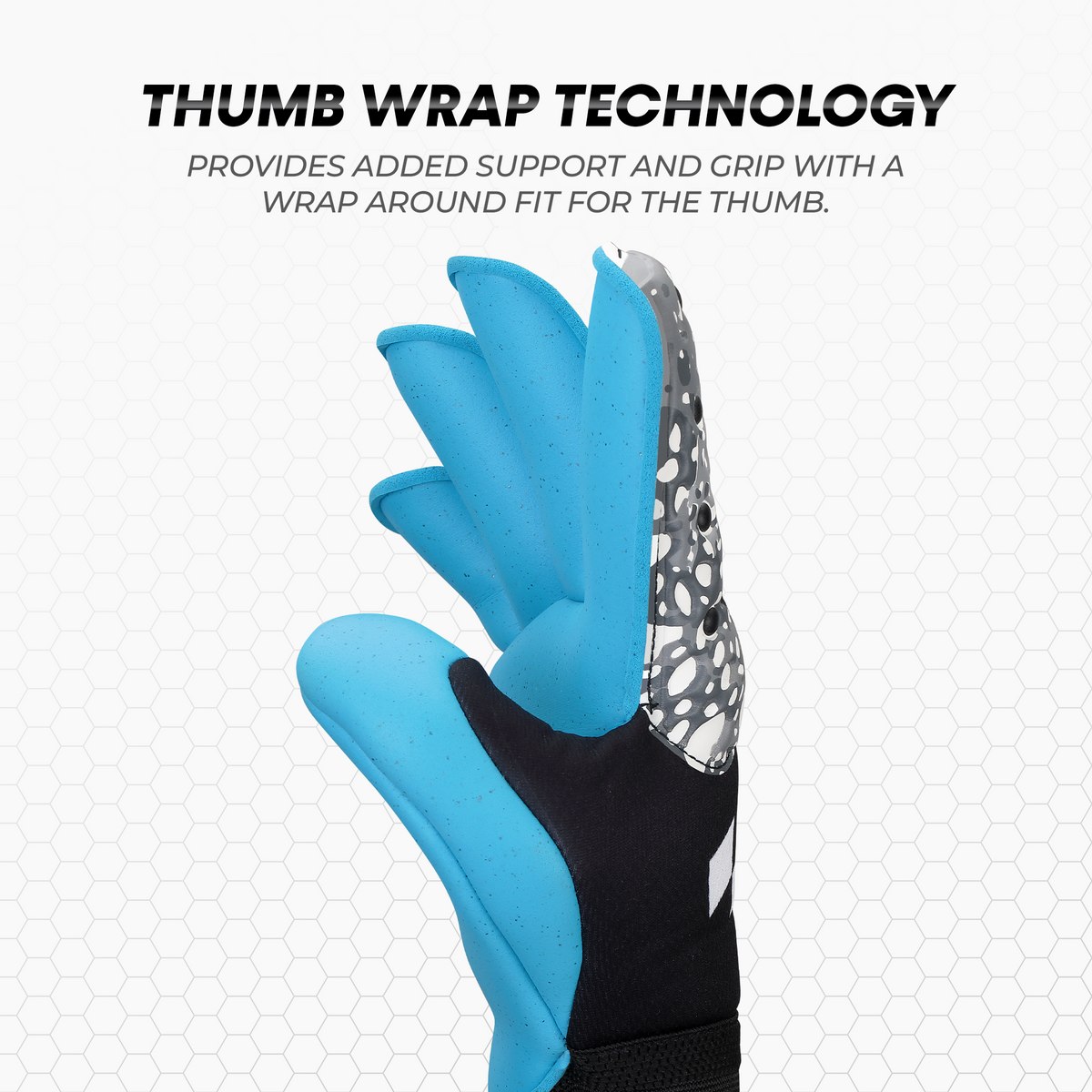 Blue glove with thumb wrap technology on a white background