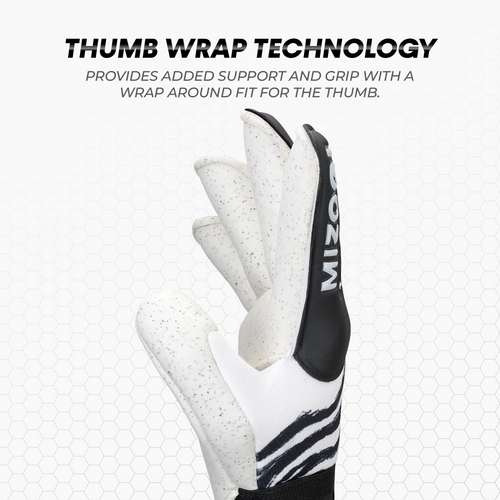 White and black GOALKEEPER  glove with thumb wrap technology on a white background