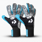 Pair of gloves with black, gray, and blue design on a white background