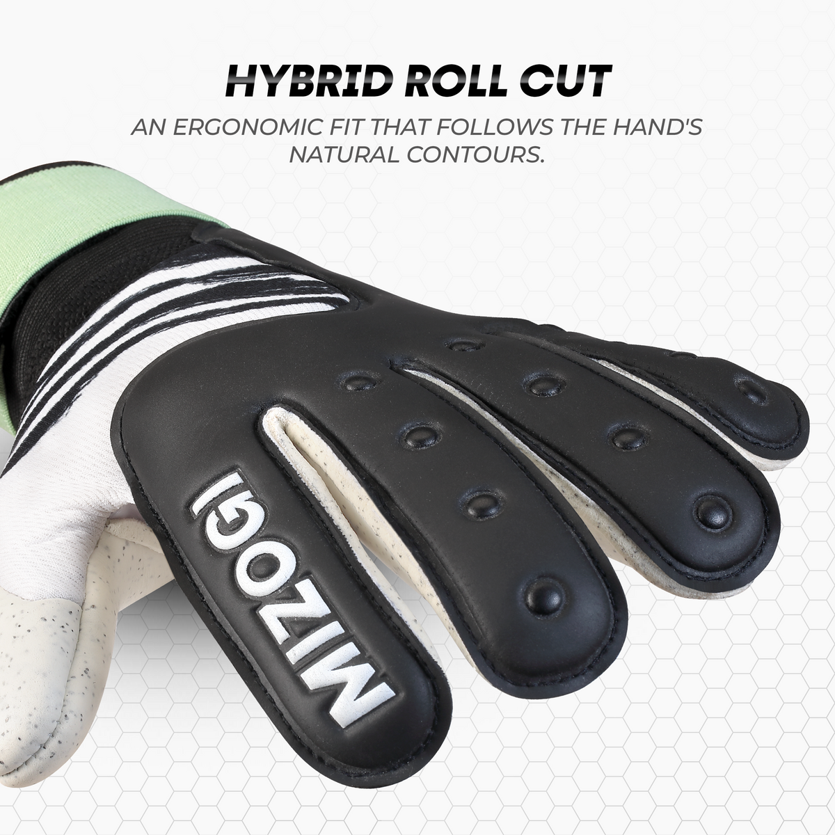 Black and white GOALKEEPER  glove with 'Mizogi' branding on a light gray background