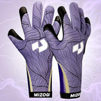 Pair of purple gloves with black and yellow accents on a light purple background