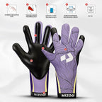 Black and purple Mizogi gloves with feature icons on a light gray background 