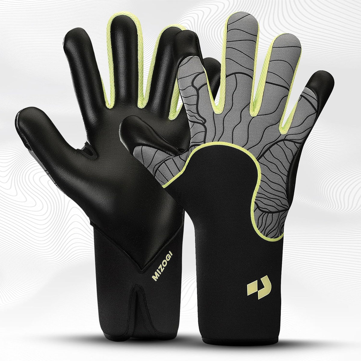 Black and gray gloves with yellow accents on a white background