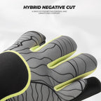 Gray gloves with green accents on a white background, featuring text about hybrid negative cut design.