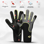 Black and gray gloves with feature icons on a white background